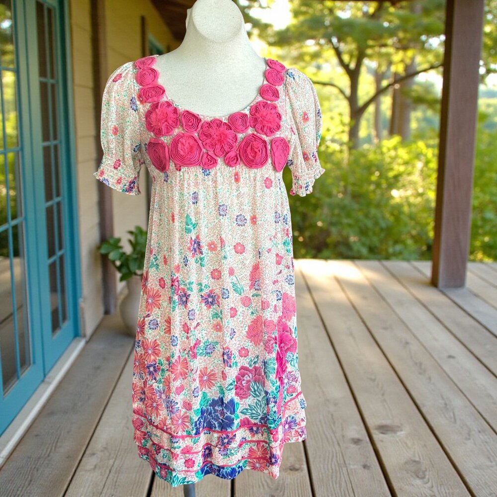 I.C.E. Empire Waist 3D Pink Rosette Floral Babydoll Dress Size 6